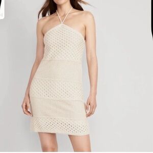 Old Navy Halter Crochet Mini Dress Beige Neutrals Beachy Boho Casual Cotton M